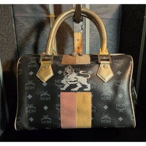 Black and Gold MCM Visetos Lion Princess Boston
